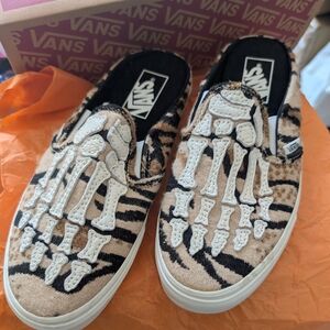 Vans Tan and Black Skeleton Tiger Slip-Ons